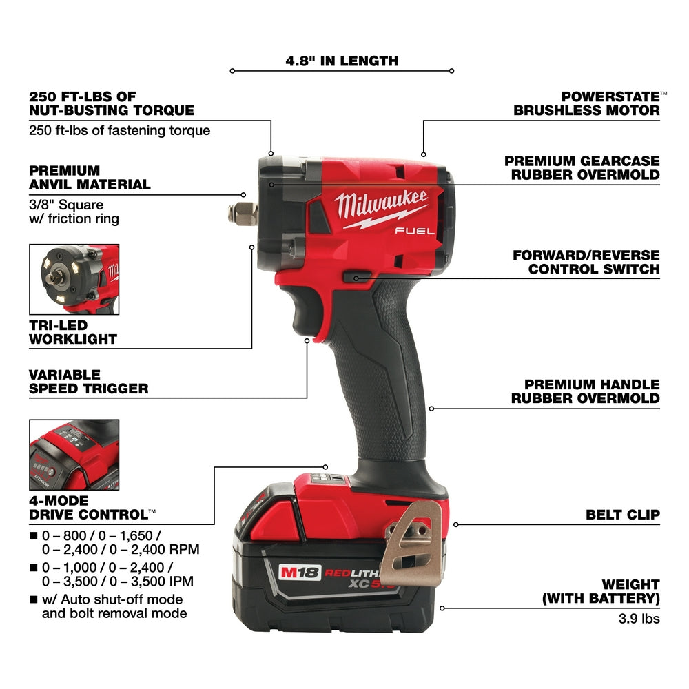 Milwaukee 2854-20 M18 FUEL 18V 3/8 Impact Wrench w/Friction Ring -Bare Tool